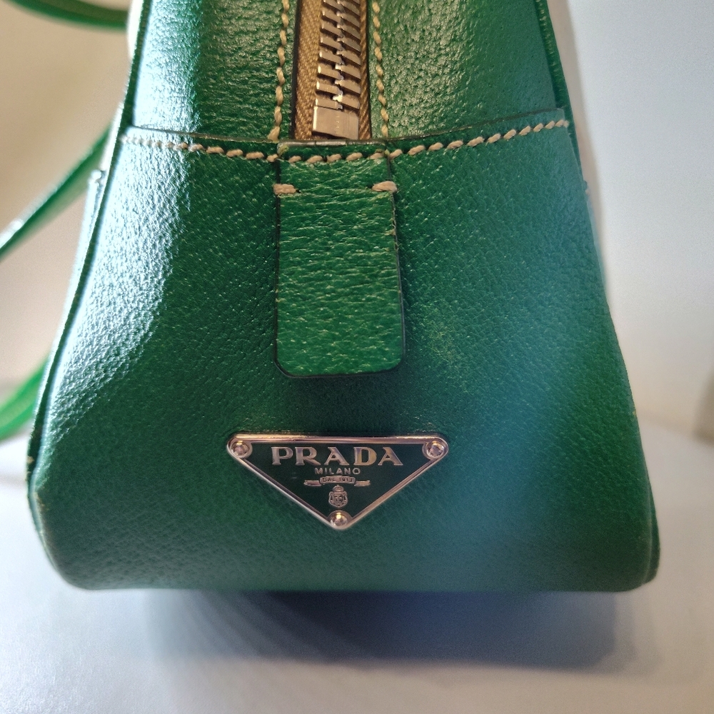 Prada Cinghiale Leather Trimmed Canapa Grezza Shoulder Bag Green Beige - Picture 6 of 13